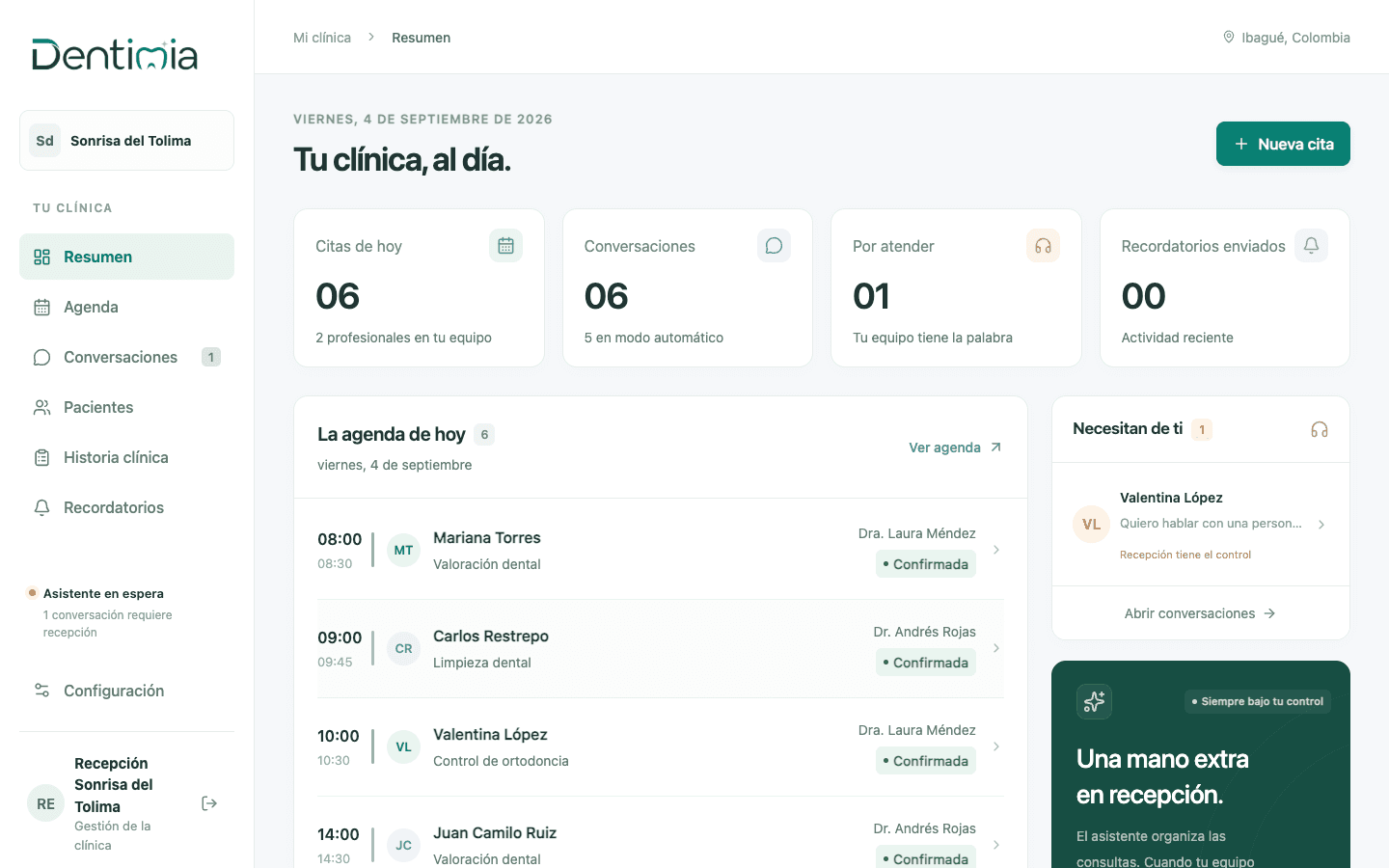 Panel principal de Dentimia con citas, conversaciones y tareas de recepción